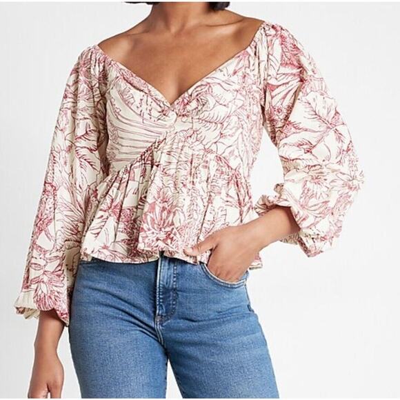 Express Floral + Bird Pattern Peplum Top Balloon Sleeve - Picture 1 of 11